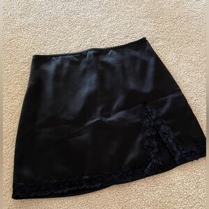 Black Satin Lace Trim Mini Skirt - Size S